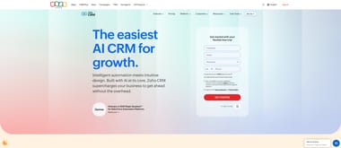 Zoho CRM interface with AI assistant Zia and sales pipeline management