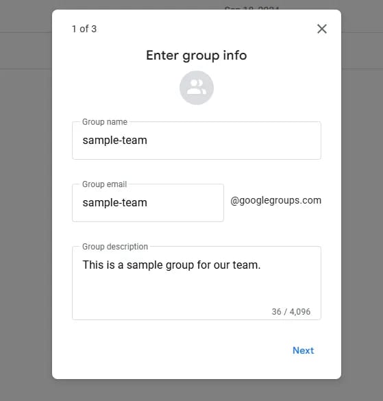 Enter group info screenshot