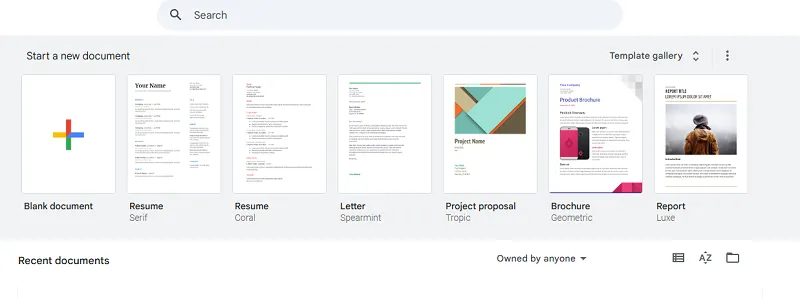 Google Docs templates screenshot
