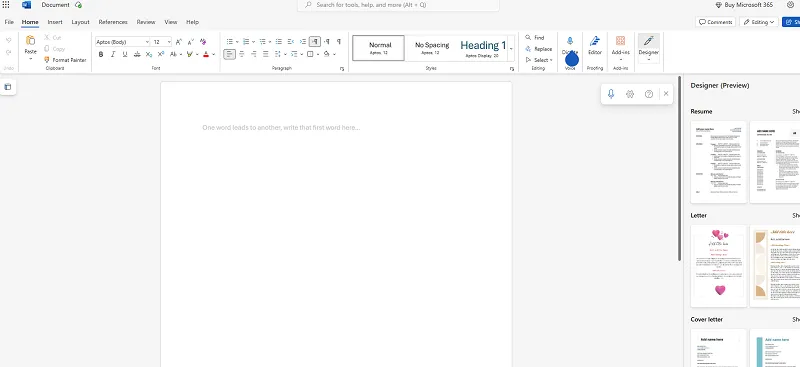 Microsoft 365 document interface with templates sidebar screenshot