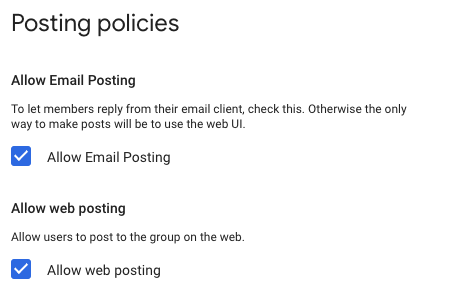 Reviewing posting policies and access settings in Google Groups