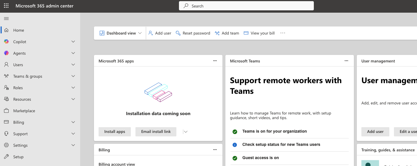 Microsoft 365 admin center dashboard