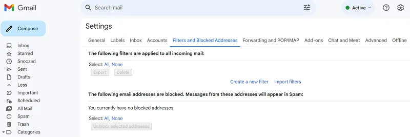 Gmail filters settings screenshot