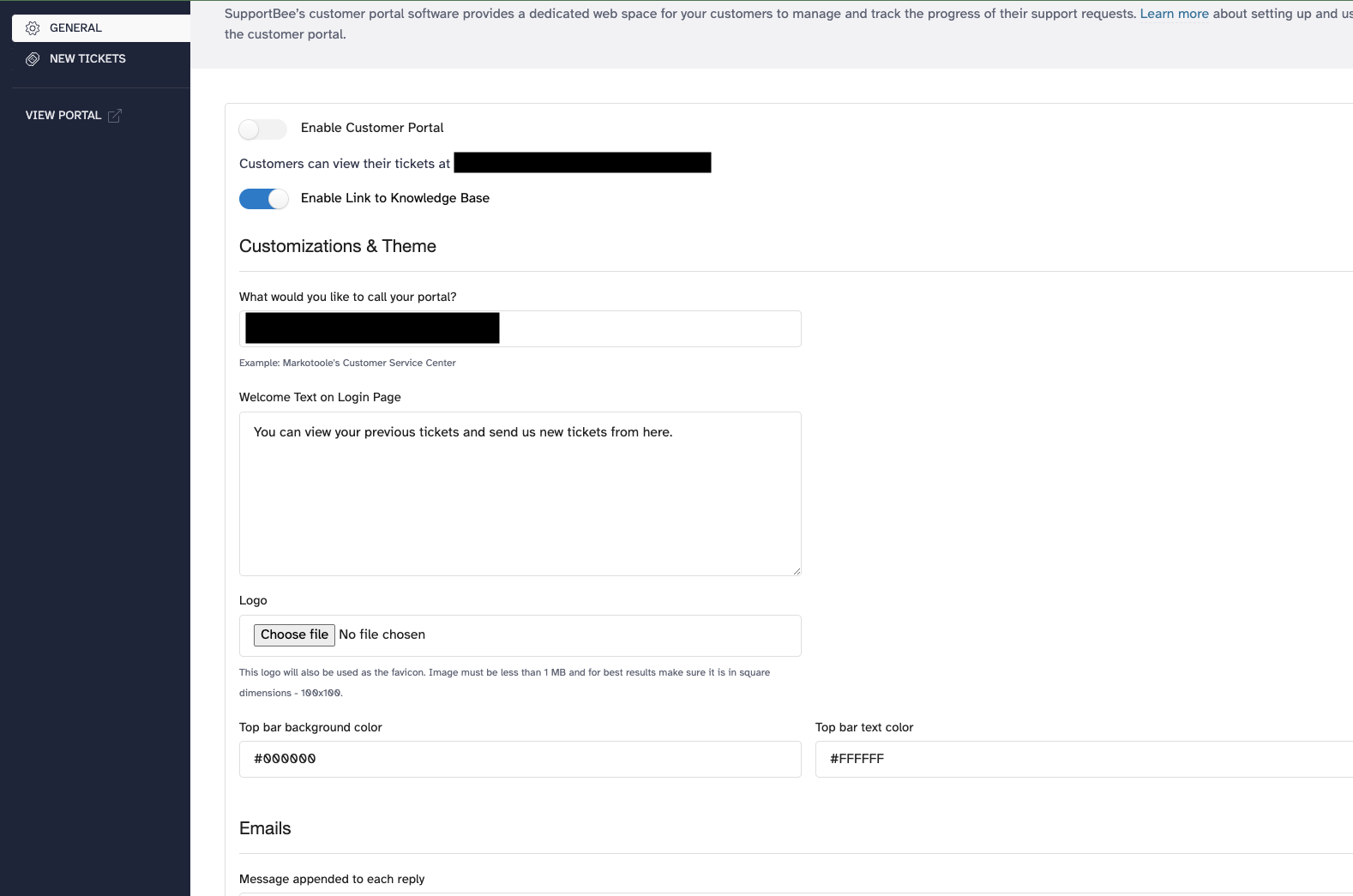SupportBee Customer Portal Settings